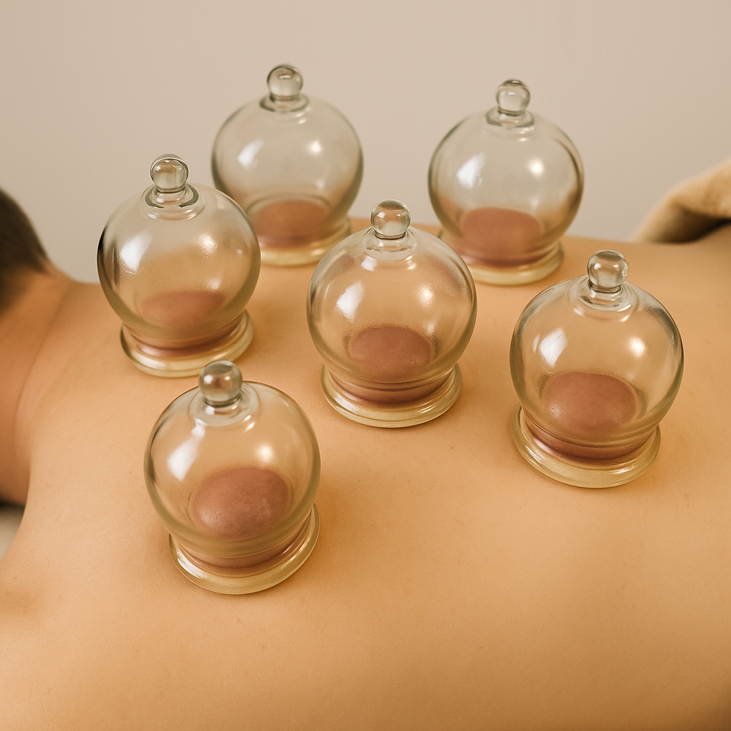 Schöpfen, Schröpfgläser auf dem Rücken zum Ausreiten